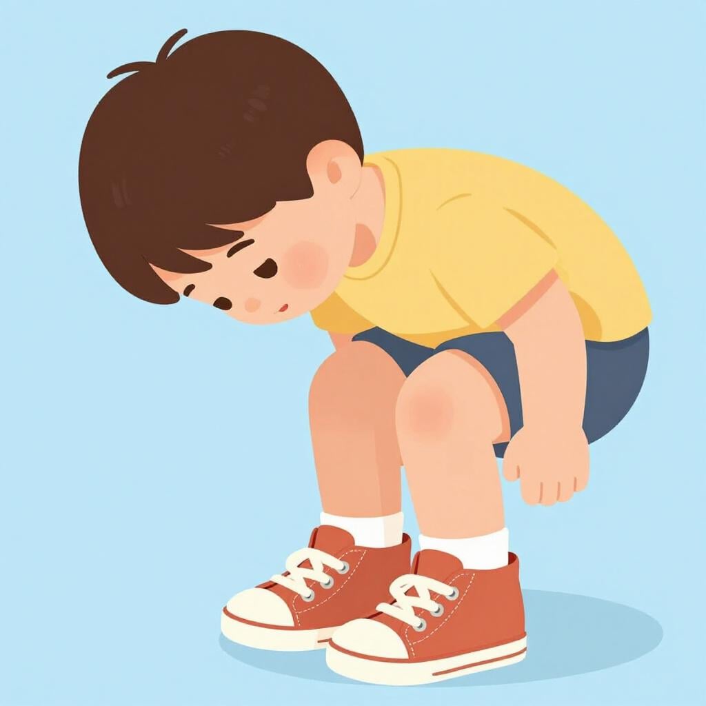 A child lowering their head and looking down at their shoes.
