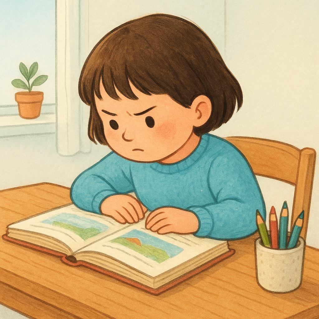 A young child sitting at a simple wooden desk with a large, open book, concentrating intently on their studies, showing a sense of duty.