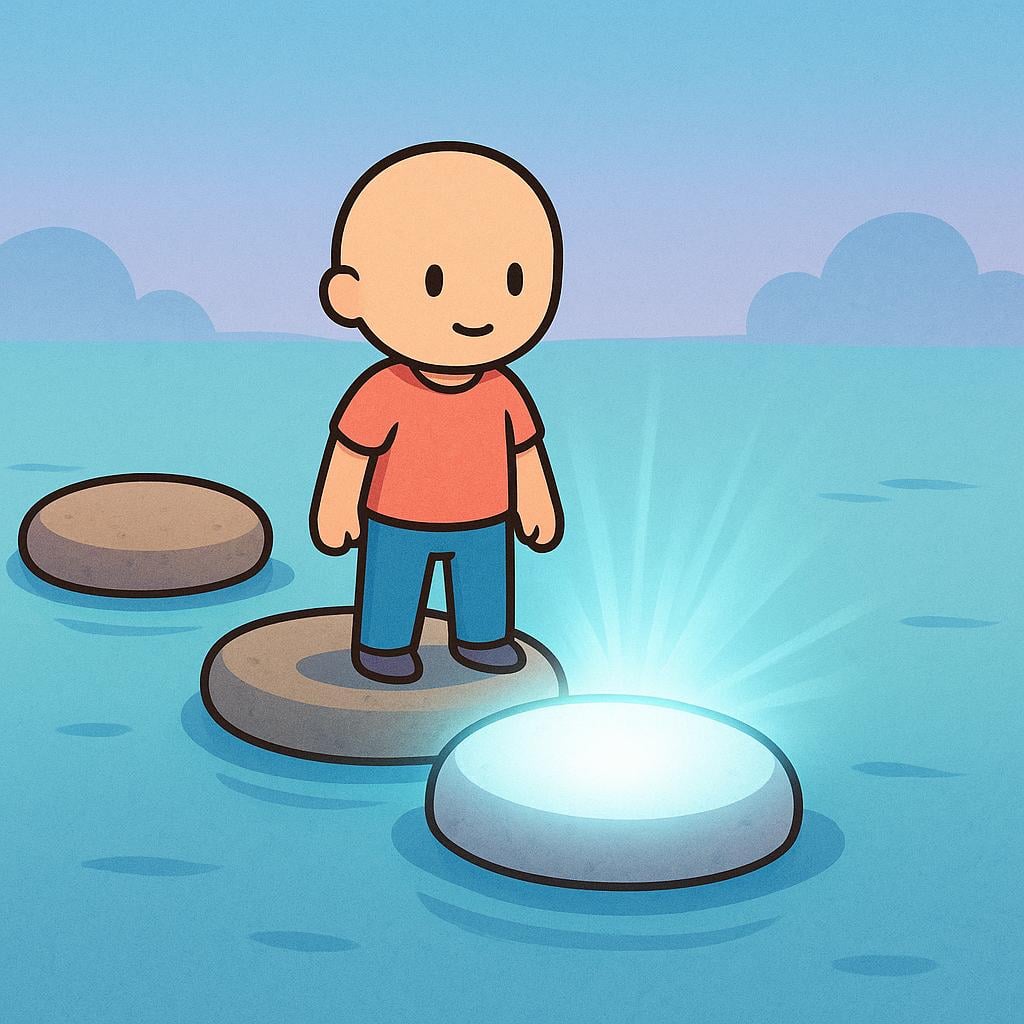 A colorful storybook illustration showing a simplified human figure standing on a stepping stone. The stone immediately in front of them, indicating the next step in a sequence, is brightly illuminated.