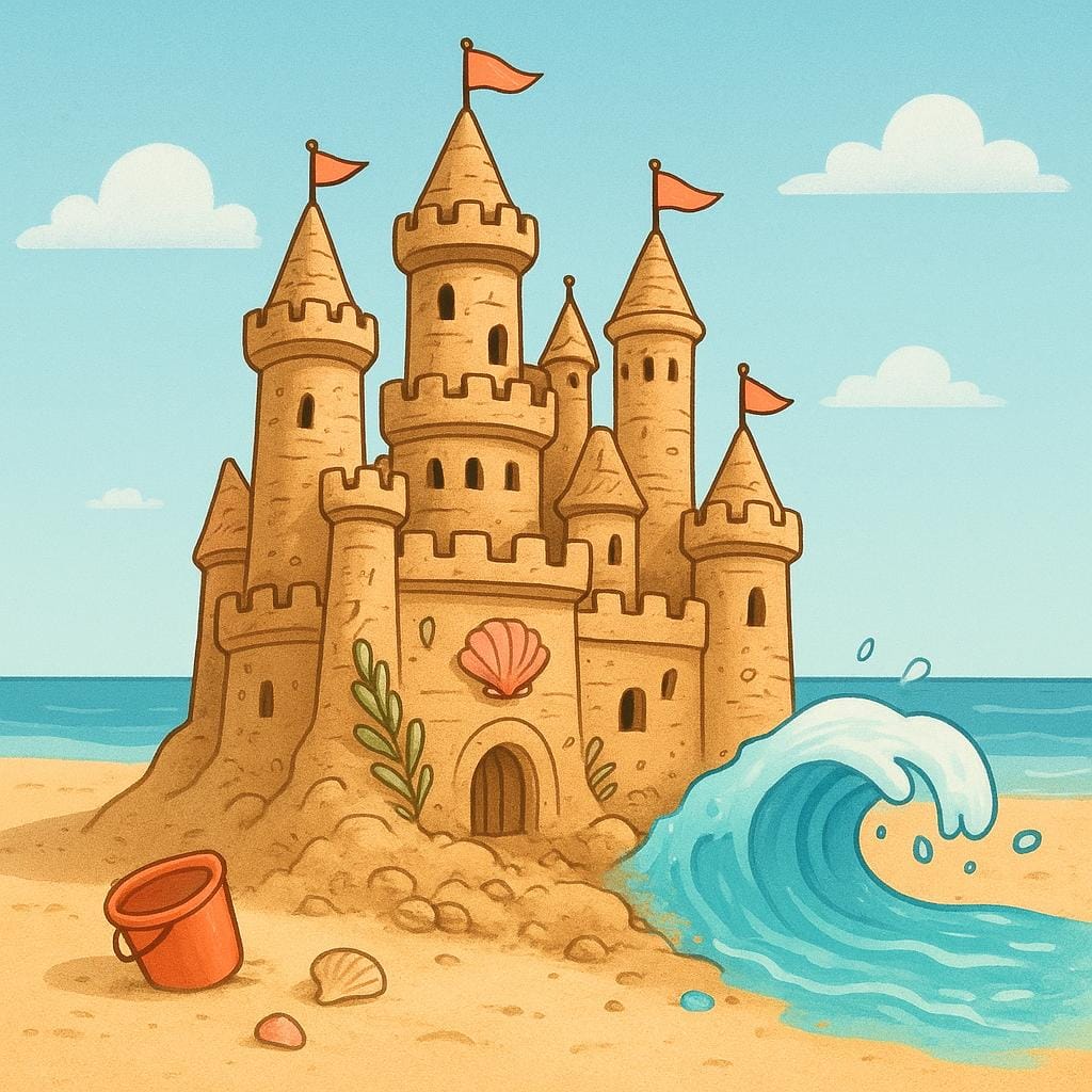 A detailed sandcastle on a beach that is actively crumbling as a small ocean wave washes over its base, symbolizing a terrible failure.