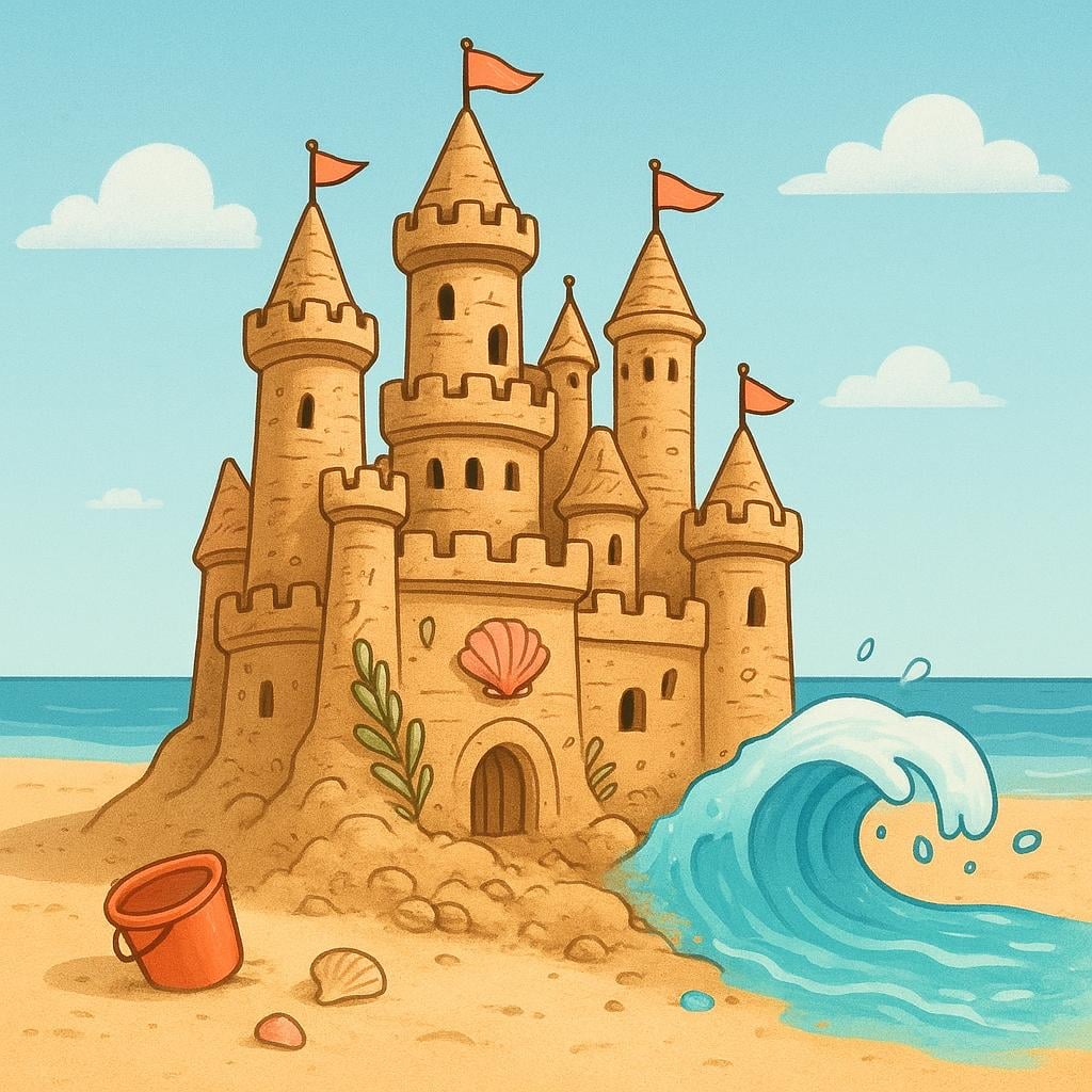 A detailed sandcastle on a beach that is actively crumbling as a small ocean wave washes over its base, symbolizing a terrible failure.