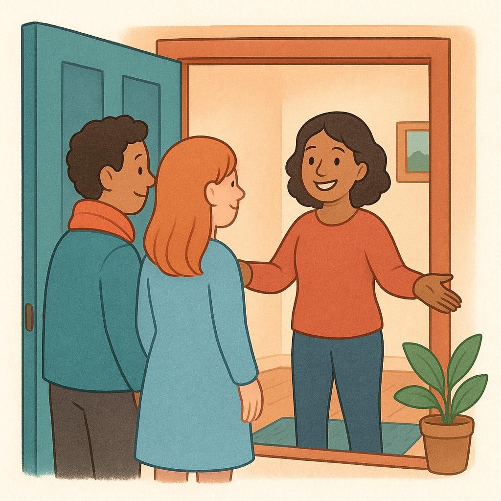 A colorful storybook illustration showing two smiling visitors standing in an open doorway, being welcomed warmly by a host figure inside the house.
