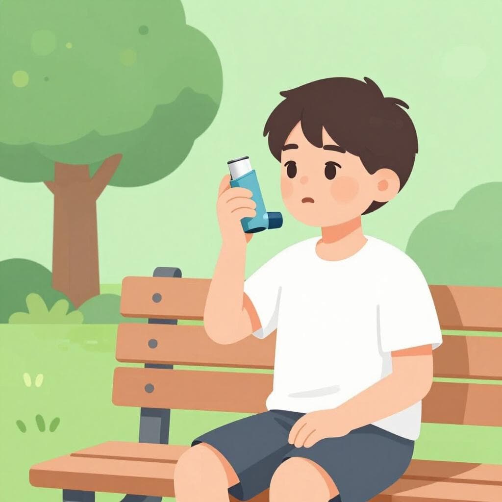 Un enfant assis sur un banc de parc tenant un petit inhalateur bleu à sa bouche.