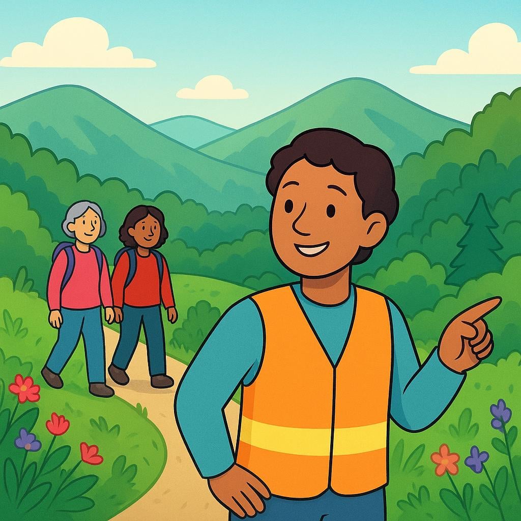A person acting as a tour guide points the way along a scenic mountain trail while two tourists follow.