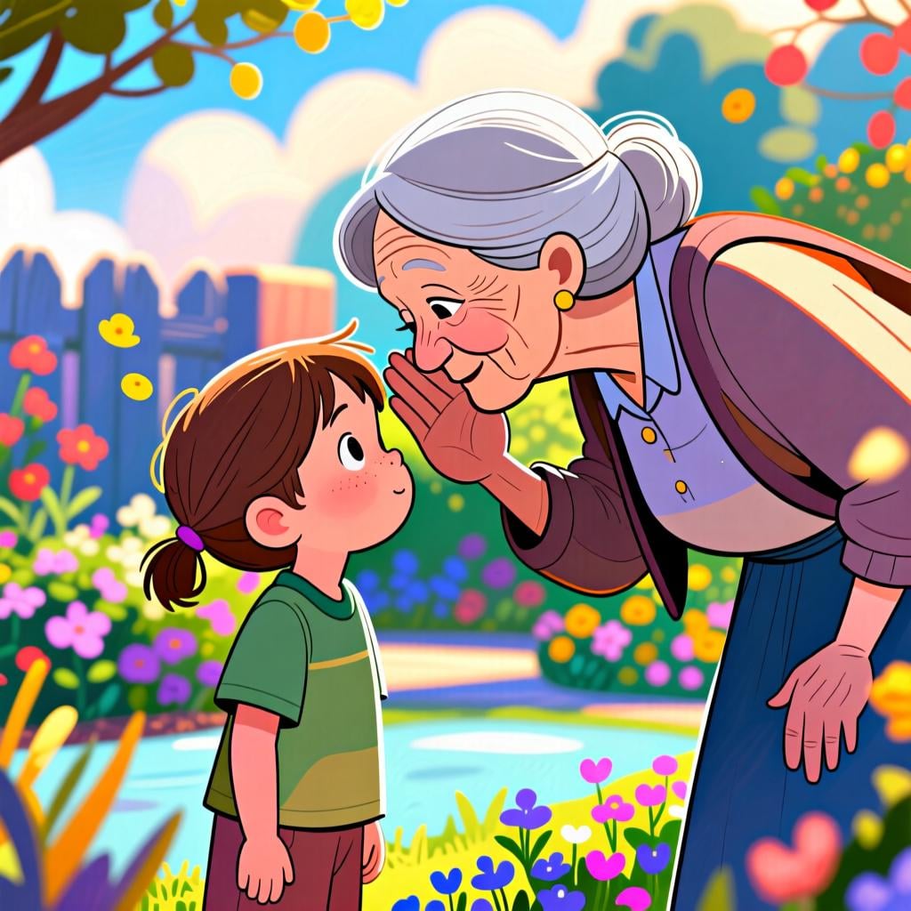 A kind grandmother leaning down and whispering a piece of traditional wisdom into the ear of her curious grandchild in a sunny garden, symbolizing the transmission of a saying or proverb.