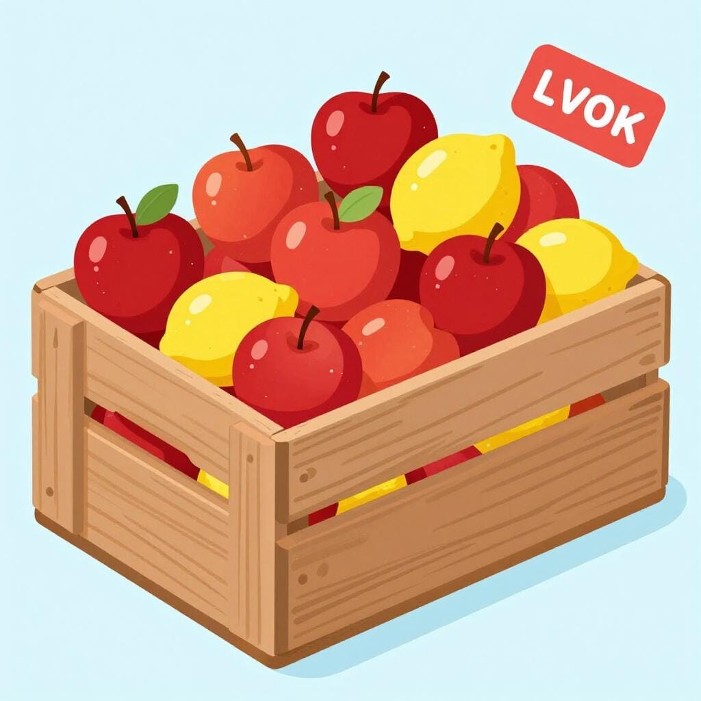 A wooden crate filled with various colorful fruits.