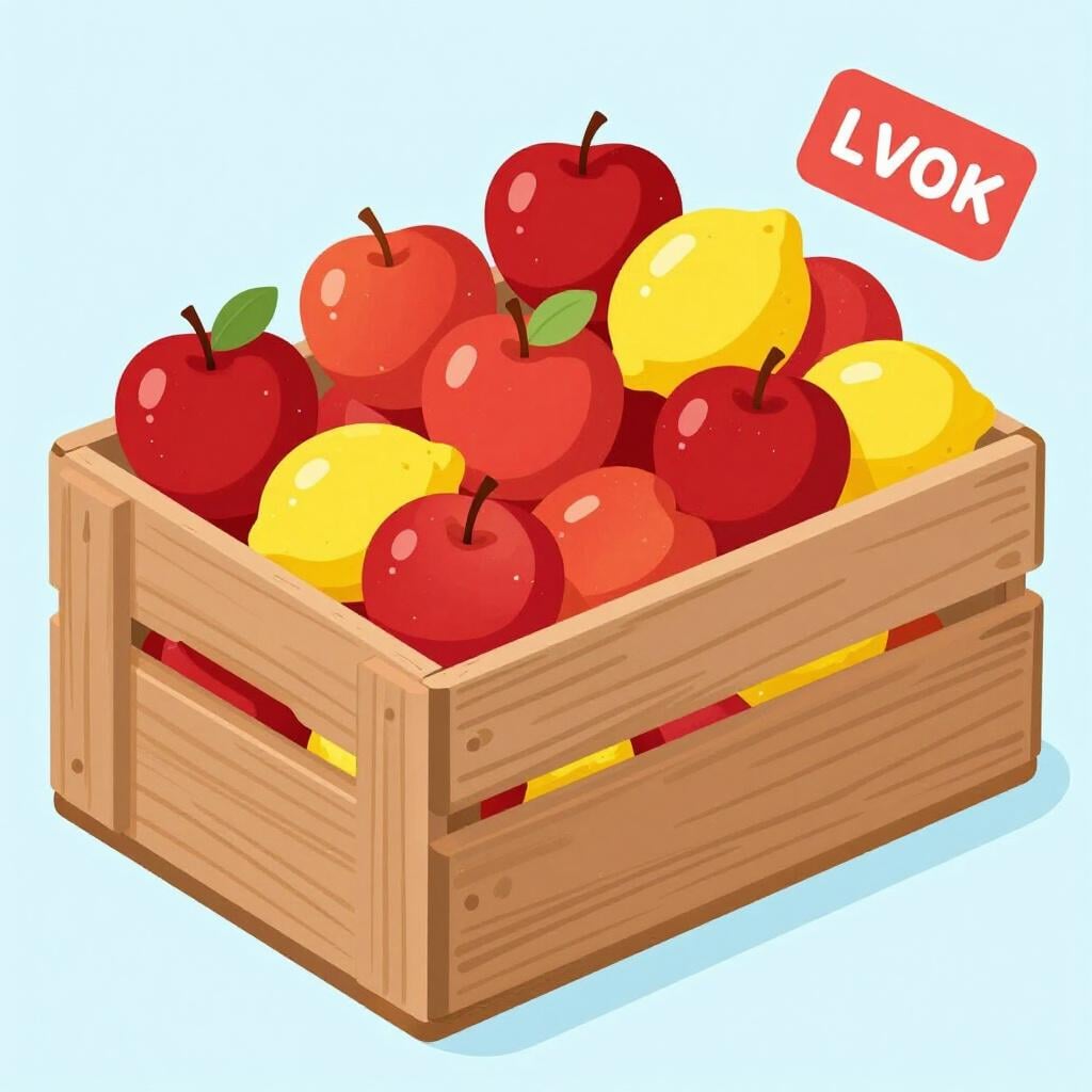 A wooden crate filled with various colorful fruits.