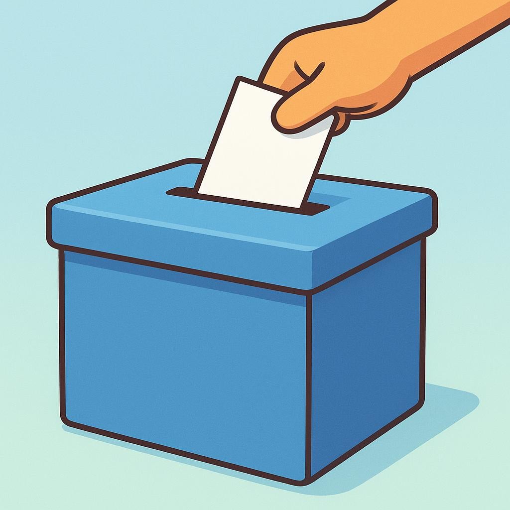 A large, rectangular blue ballot box with a narrow slot on top. A cartoon hand is dropping a white paper ballot into the slot, representing a political election.