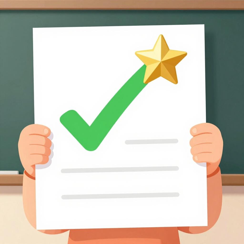A happy student holding a paper with a large green checkmark and a gold star.