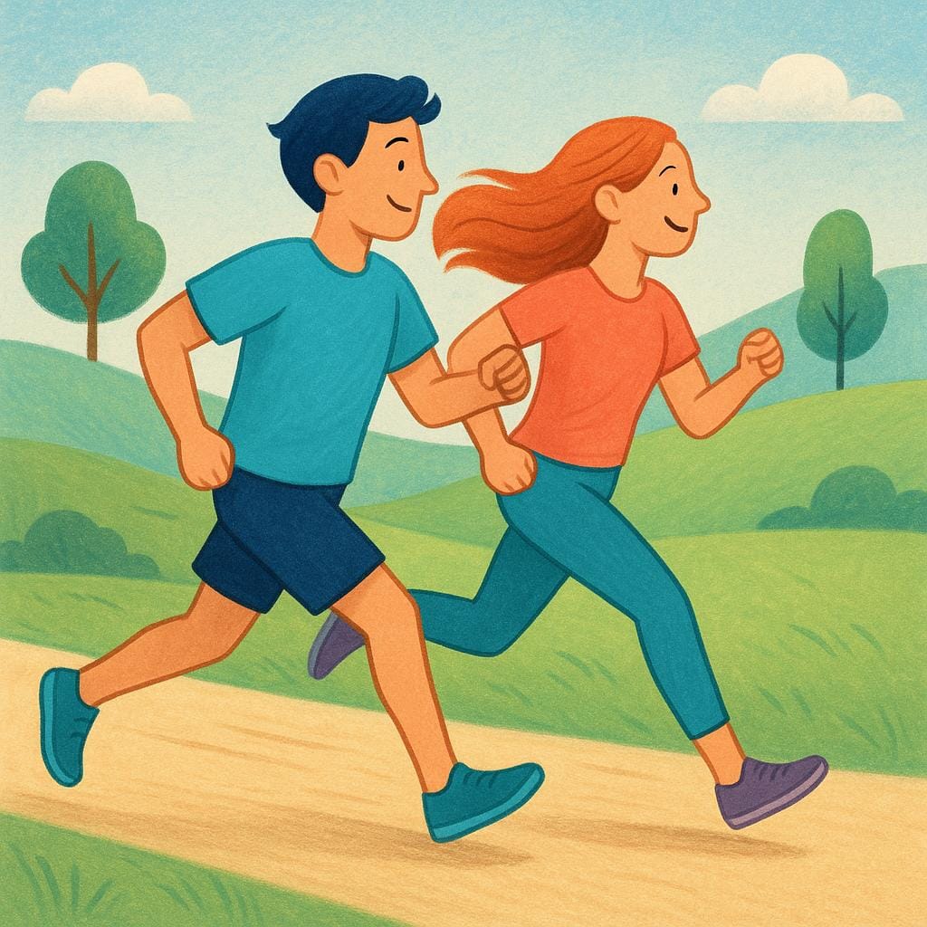 Due corridori stilizzati su una pista, dove il secondo corridore ha colmato la distanza e sta correndo esattamente al fianco del primo.