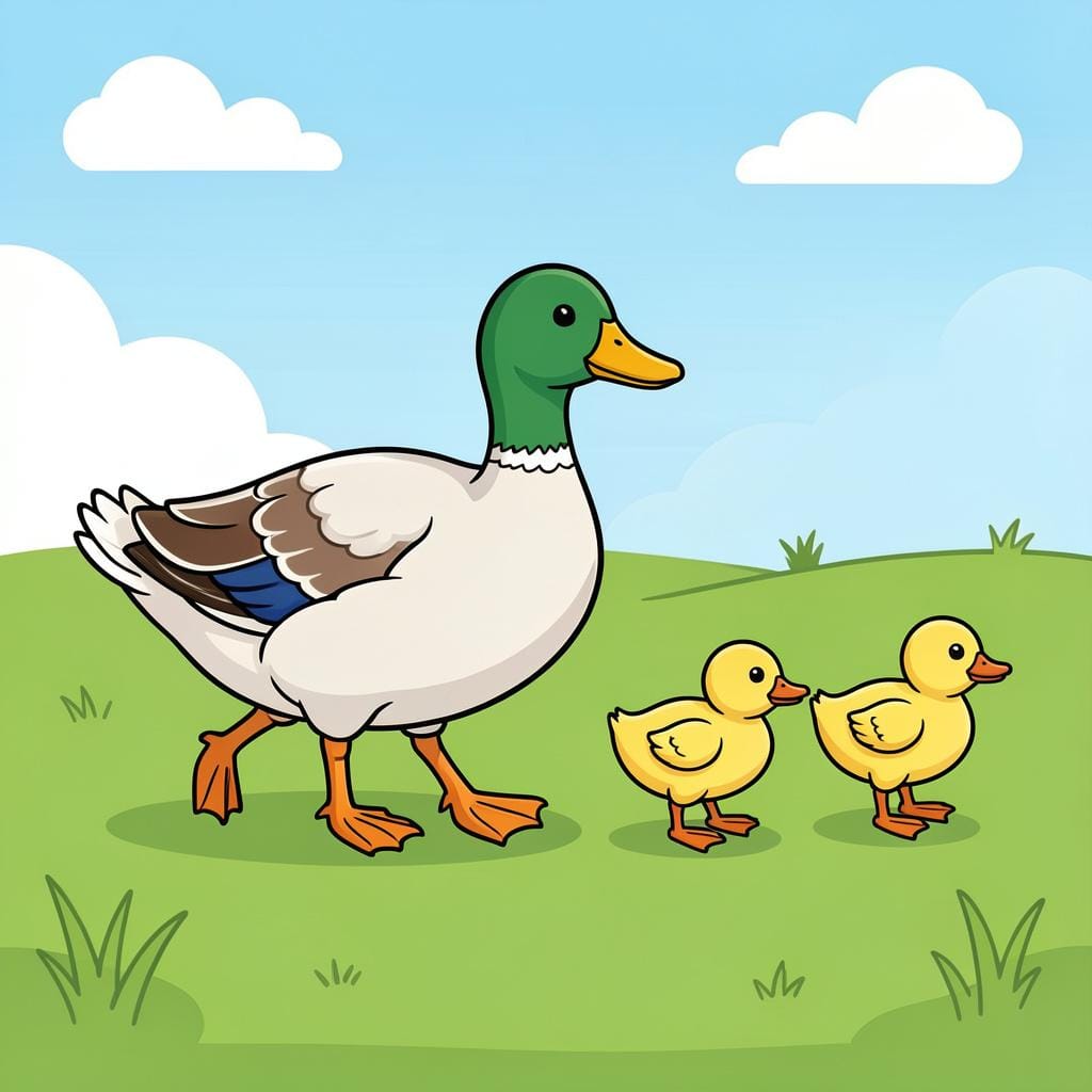 A line of three colorful ducklings walking in a row behind their mother duck on green grass.