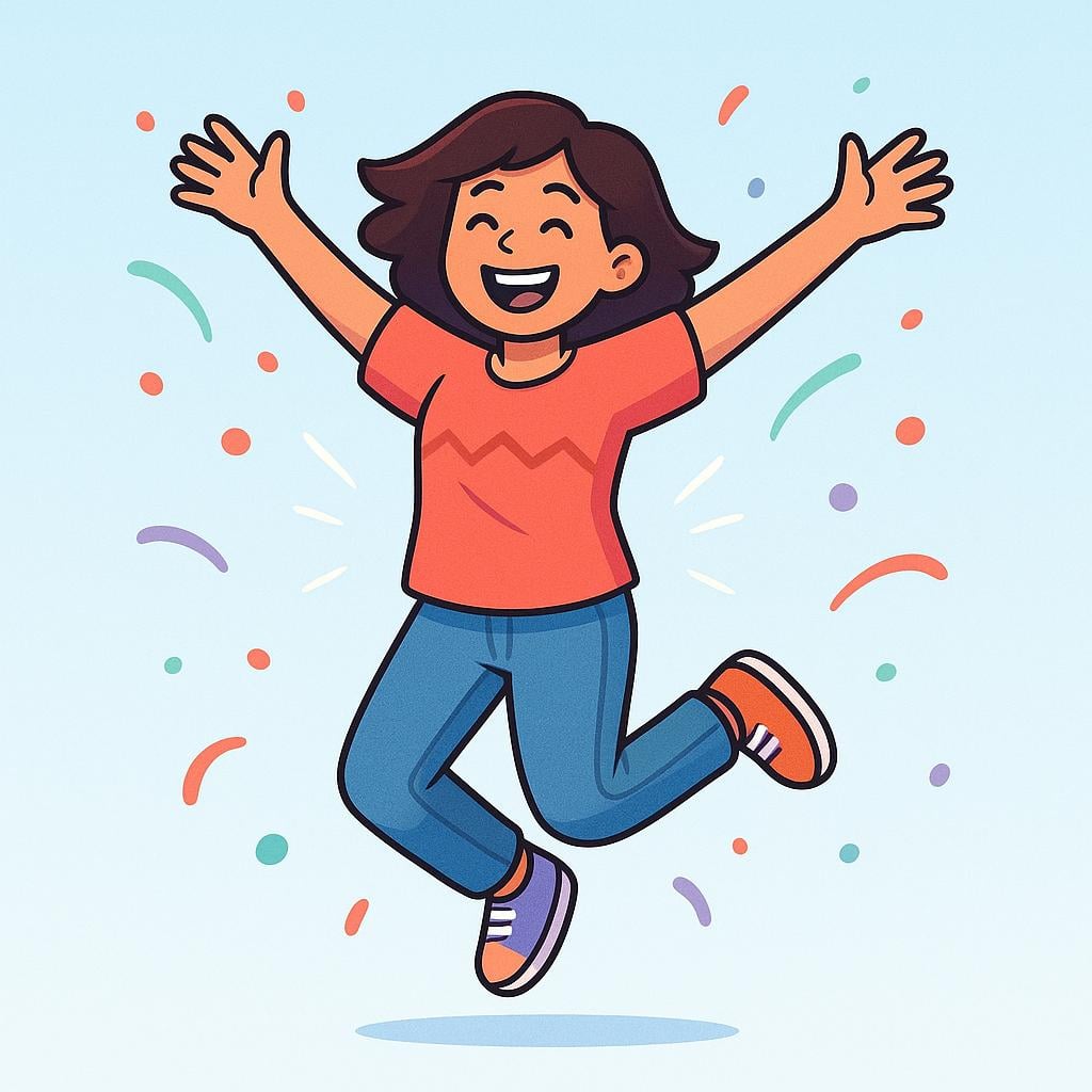 A colorful storybook illustration showing a person jumping joyfully with their arms outstretched, representing a temporary state of happiness.