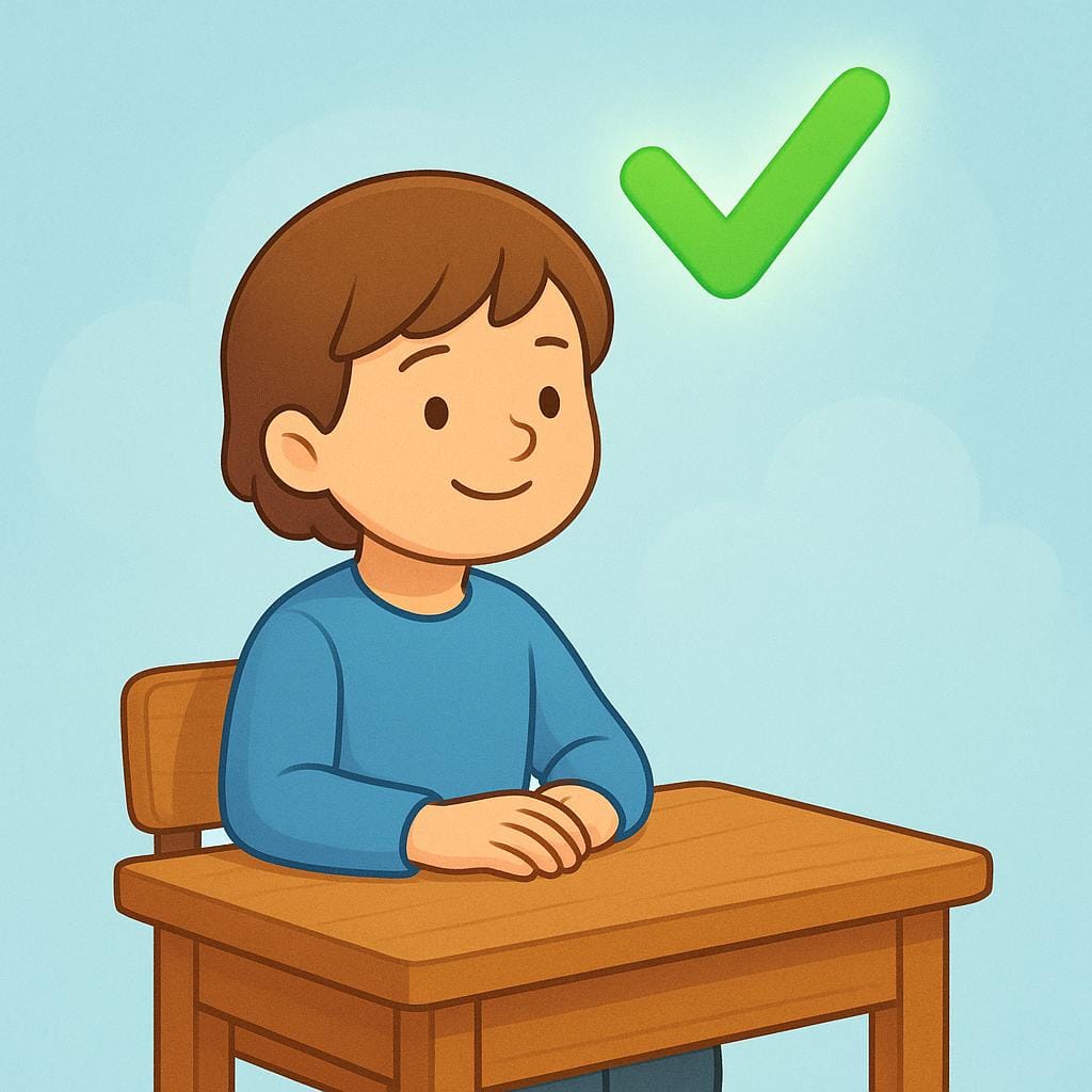 A storybook illustration showing a happy student sitting at a wooden desk with a large, bright green checkmark floating above their head, symbolizing a successful examination or assessment.