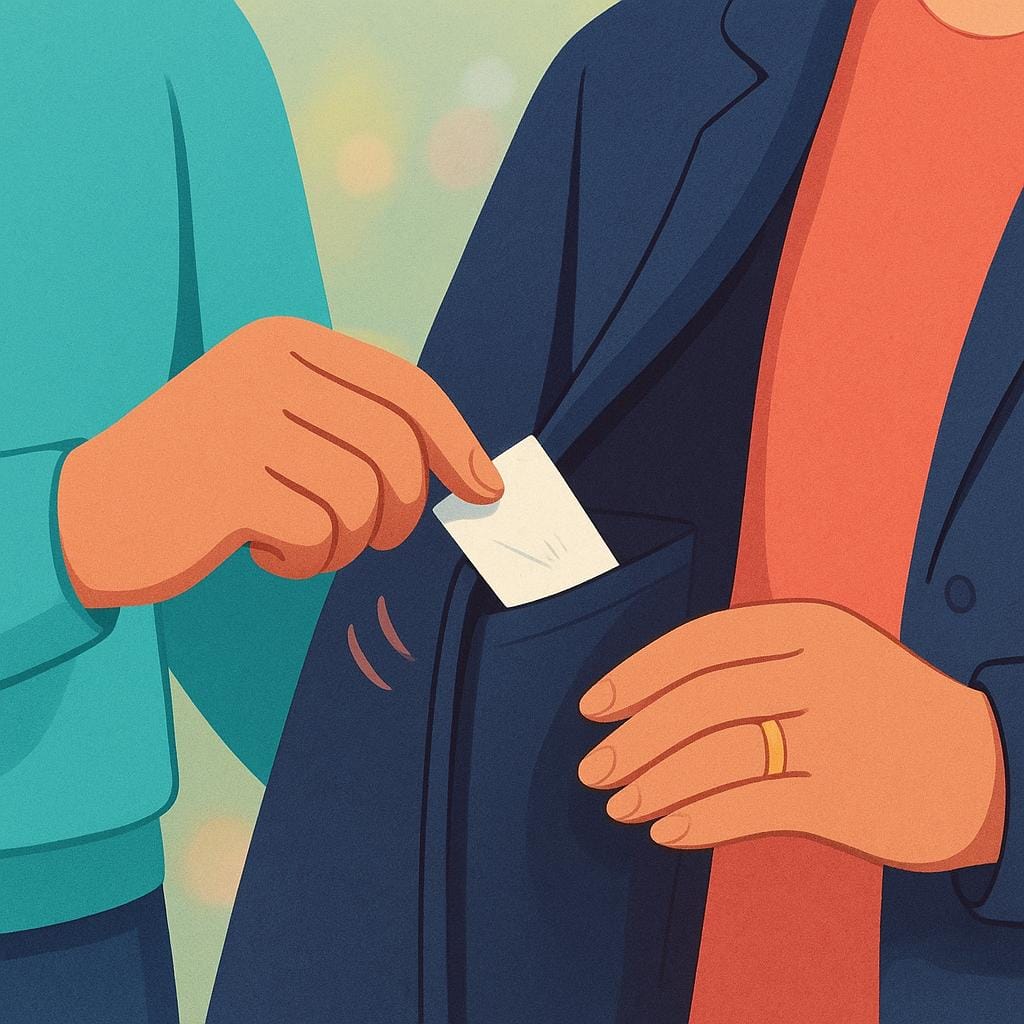 Eine hochwertige Bilderbuchillustration, die sich auf zwei Hände konzentriert, wobei eine schnell einen kleinen, gefalteten Zettel in die Tasche einer geschlossenen Jacke gleiten lässt, was eine heimliche Handlung andeutet.