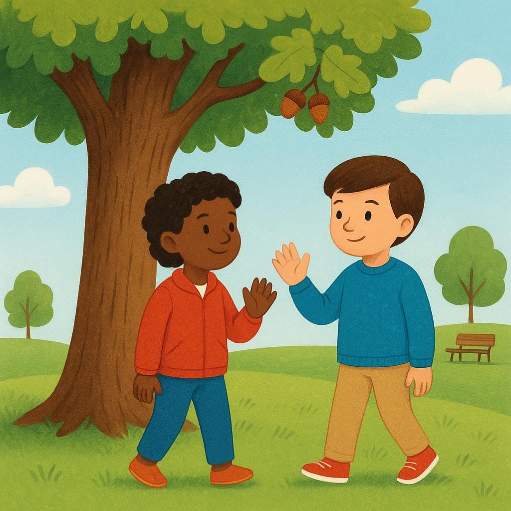 Due amici in piedi sotto una grande quercia in un parco soleggiato, sorridendo mentre si avvicinano l'uno all'altro, a significare un incontro programmato.