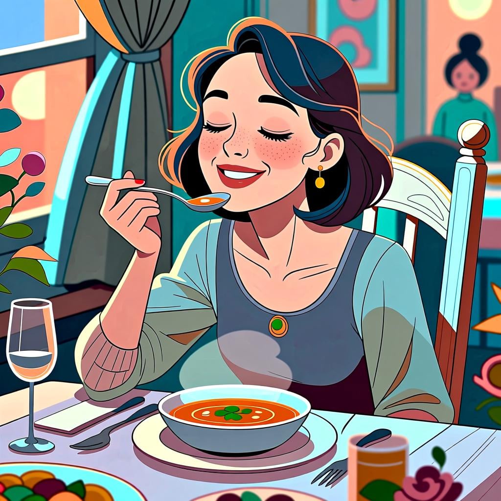 A woman smiling with her eyes closed in delight as she tastes a spoonful of soup.