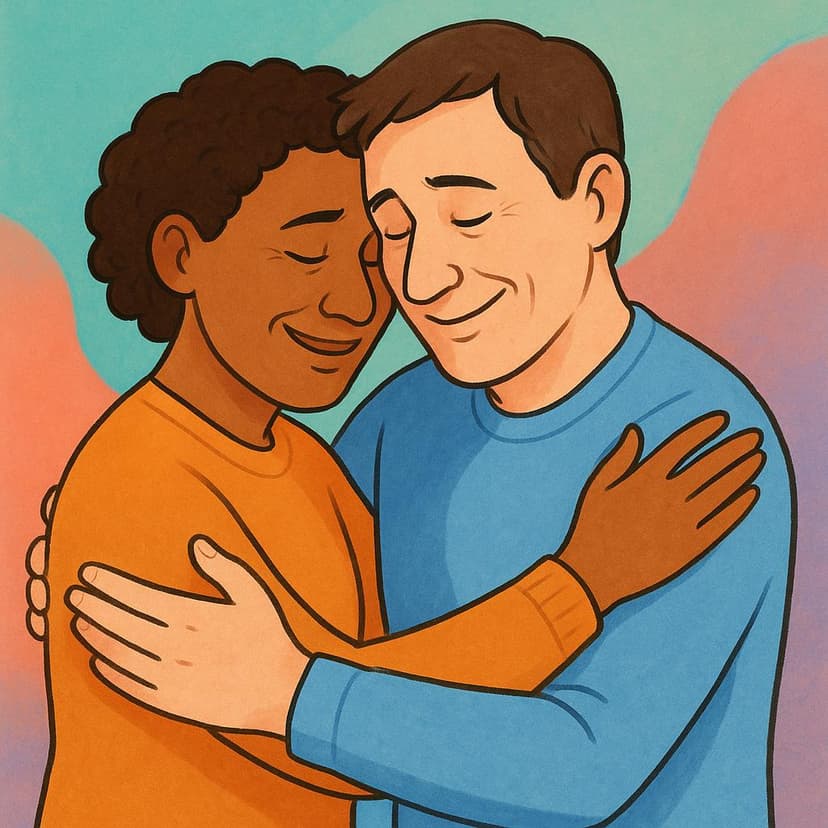 A high-quality storybook illustration showing two friends smiling warmly and embracing upon meeting, conveying a deep and familiar relationship from the past.