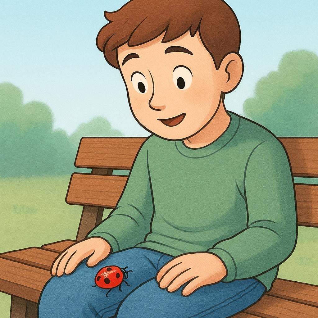 A person sitting quietly, looking down and suddenly noticing a small, colorful ladybug crawling on their knee.