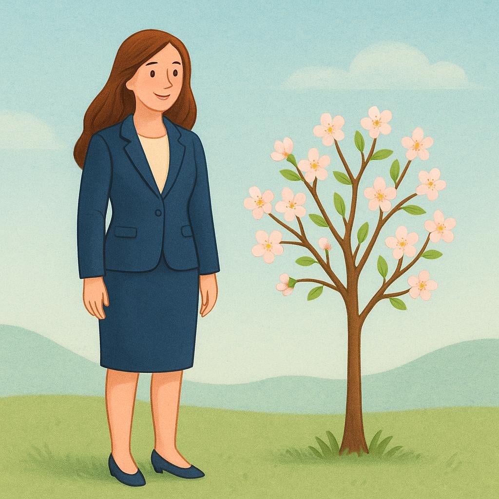 A drawing of a mature woman in a professional outfit standing confidently near a blooming tree.