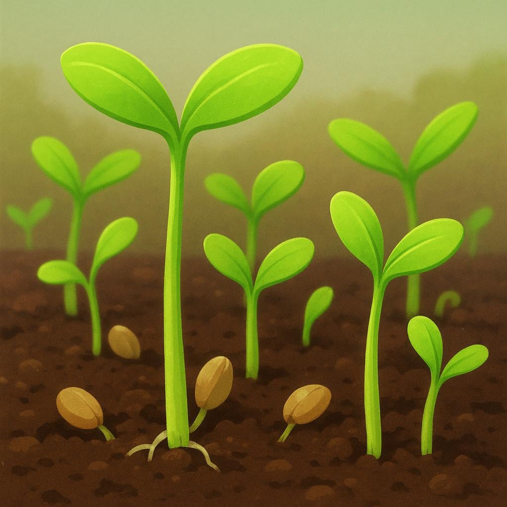 A close-up view of several tiny green sprouts emerging from dark brown soil, showing the initial stage of growth.