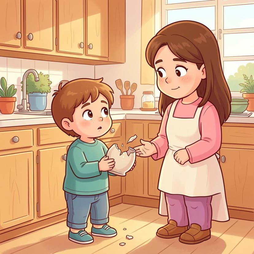 A child with a guilty expression showing a broken cookie jar to an adult.