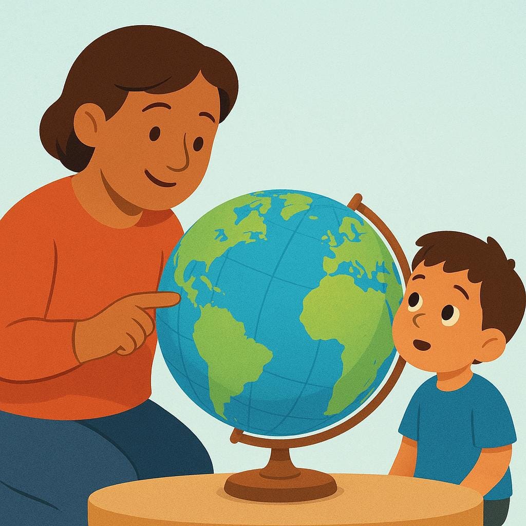 Un personaggio adulto amichevole in piedi accanto a un personaggio bambino piccolo, che indica chiaramente un grande mappamondo colorato, illustrando l'atto dell'insegnare.