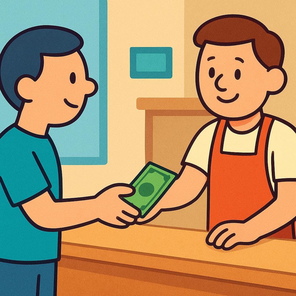 Una figura in stile cartone animato porge una banconota alla mano di un'altra persona attraverso un bancone, illustrando l'atto dell'acquisto.