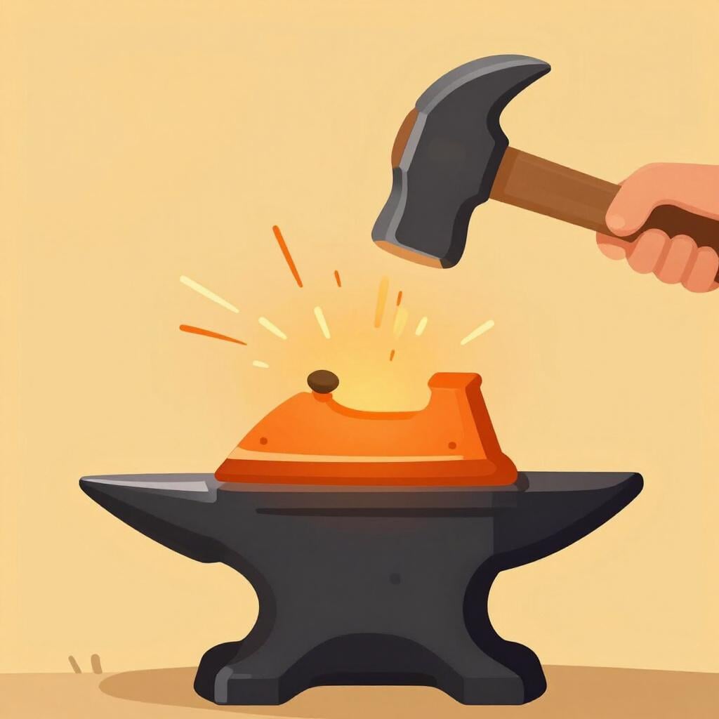 A piece of metal being shaped by a heavy hammer on an anvil.