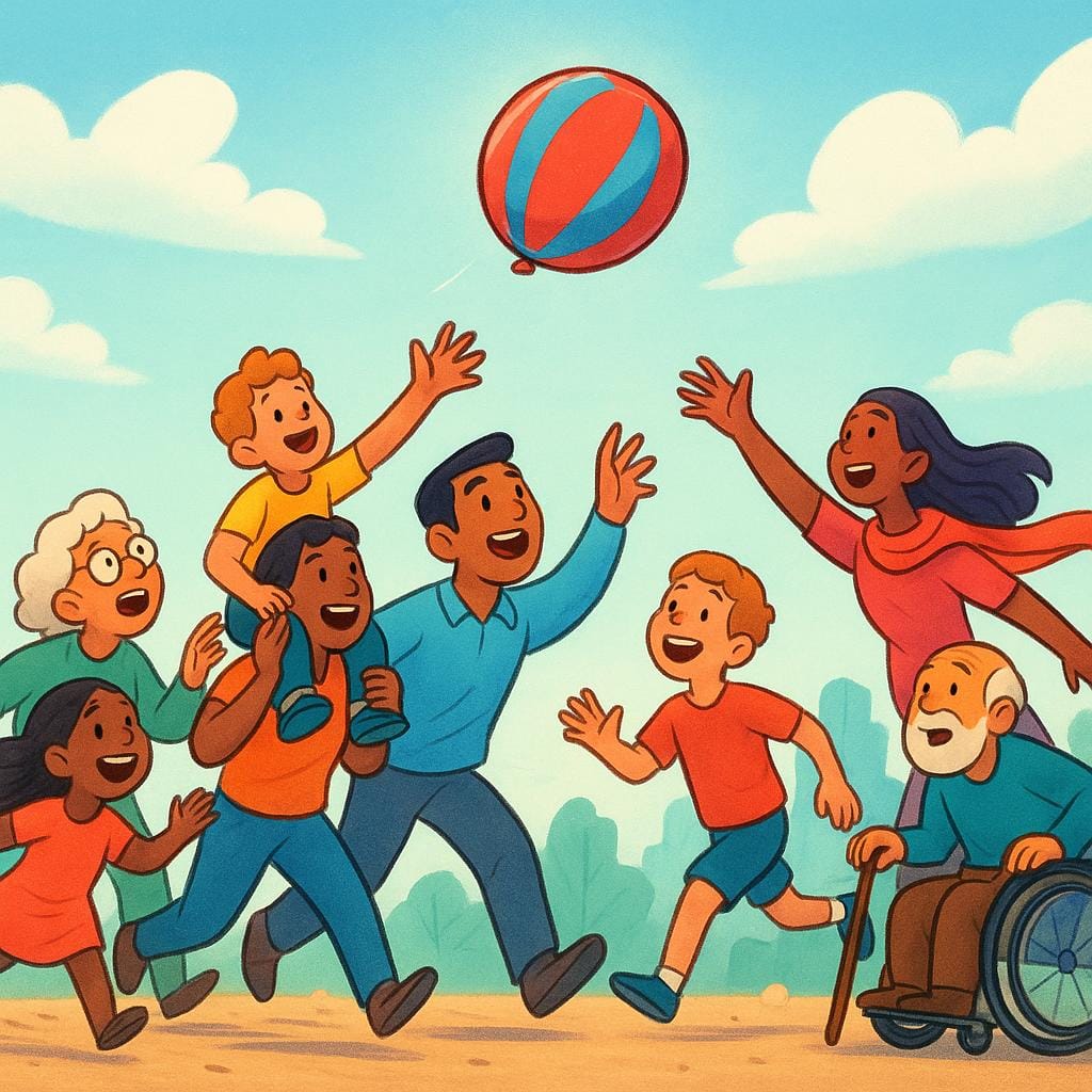 A large crowd of people running excitedly with hands outstretched towards a single, attractive, brightly colored object floating in the distance, illustrating mass enthusiasm.