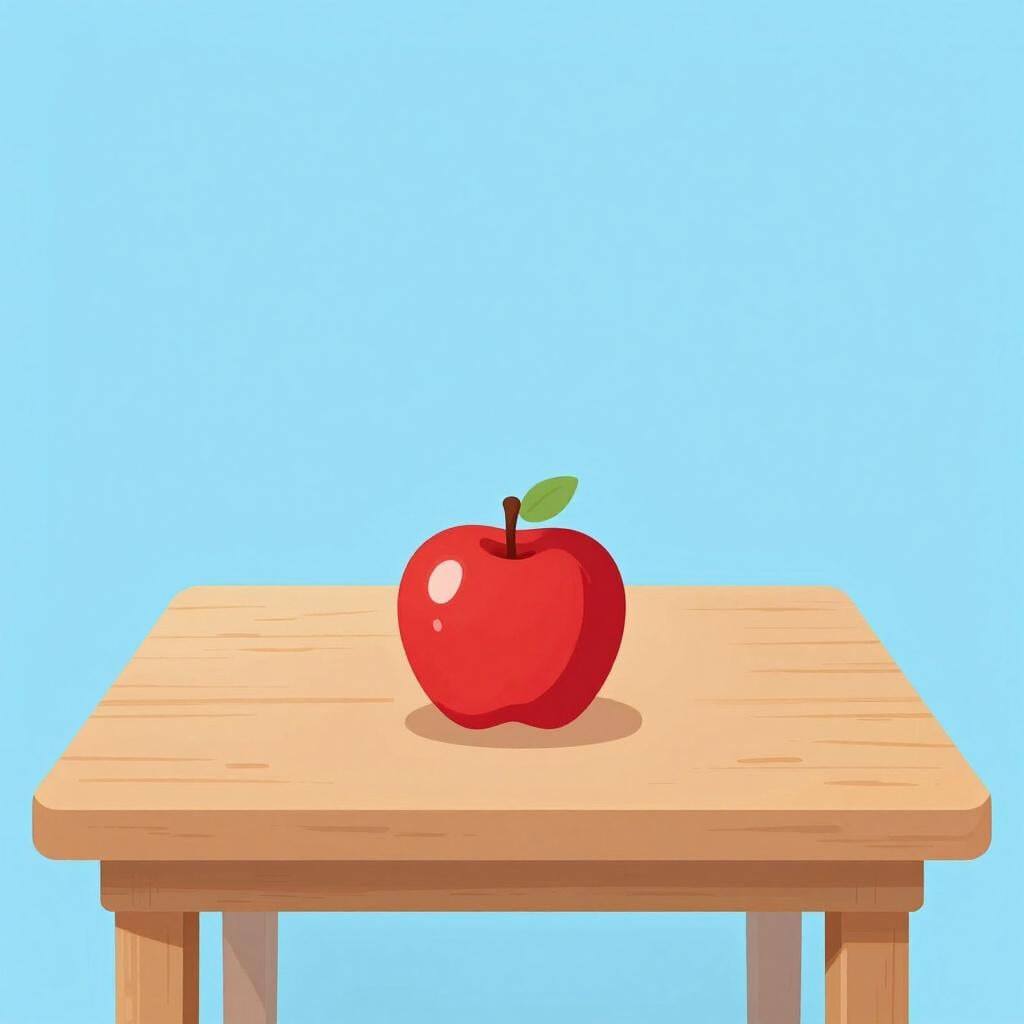 A single, simple red apple sitting alone on a plain wooden table.