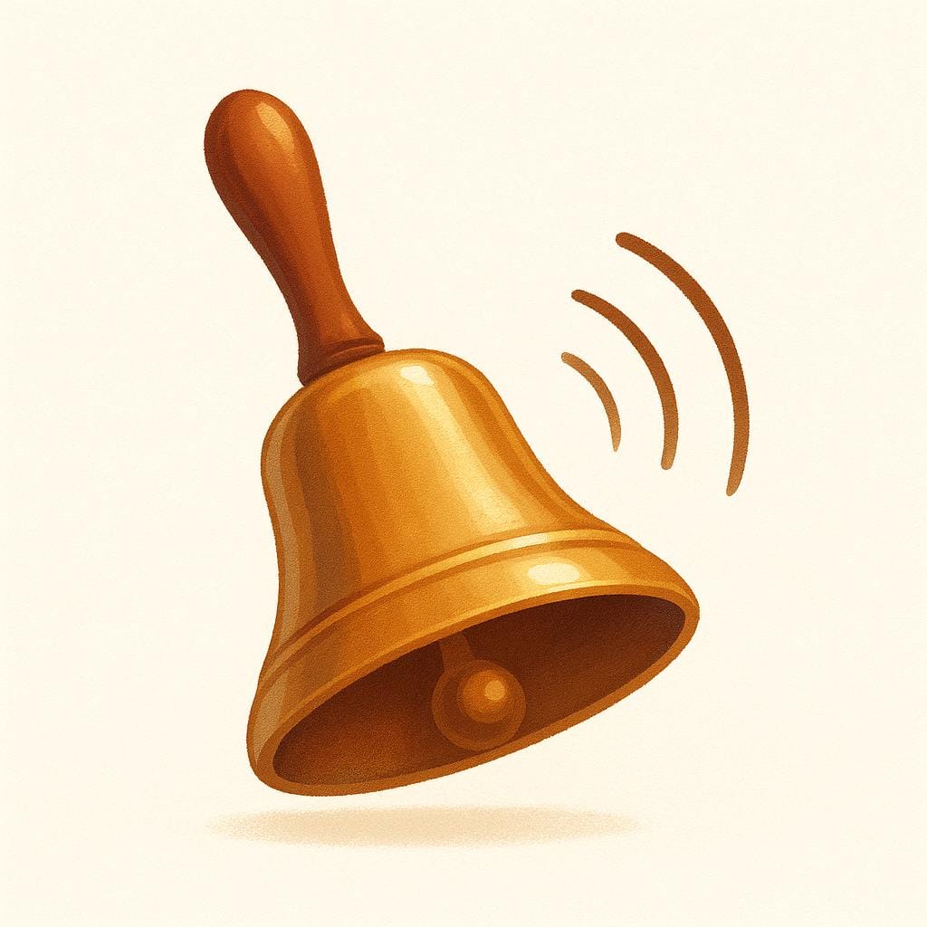 A simple, shiny brass handbell is depicted shaking slightly, with curved lines radiating outward to represent the ringing sound.