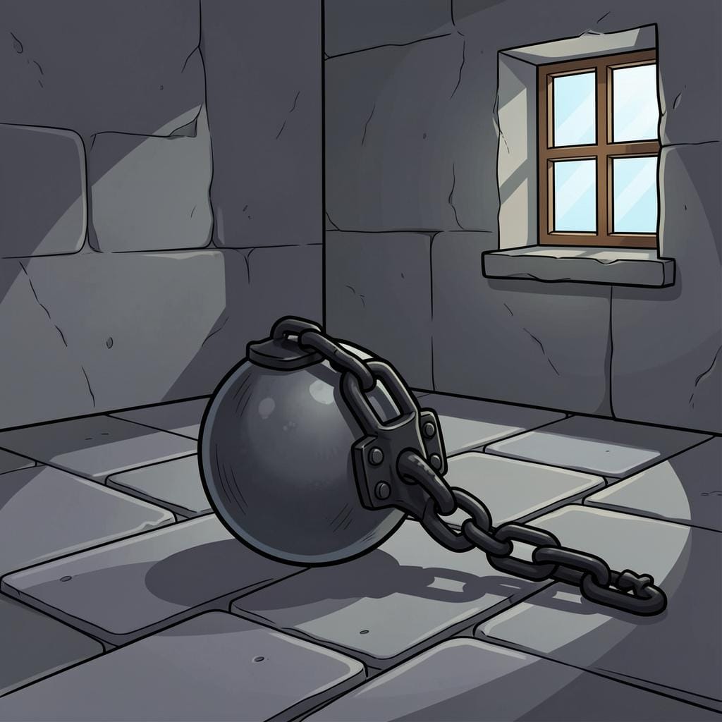 Een zware ijzeren bal en ketting rustend op een stenen vloer in een donkere kamer.