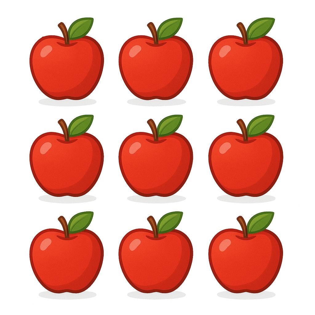 Nine identical, plump red apples arranged in a neat cluster on a solid background, illustrating the quantity.