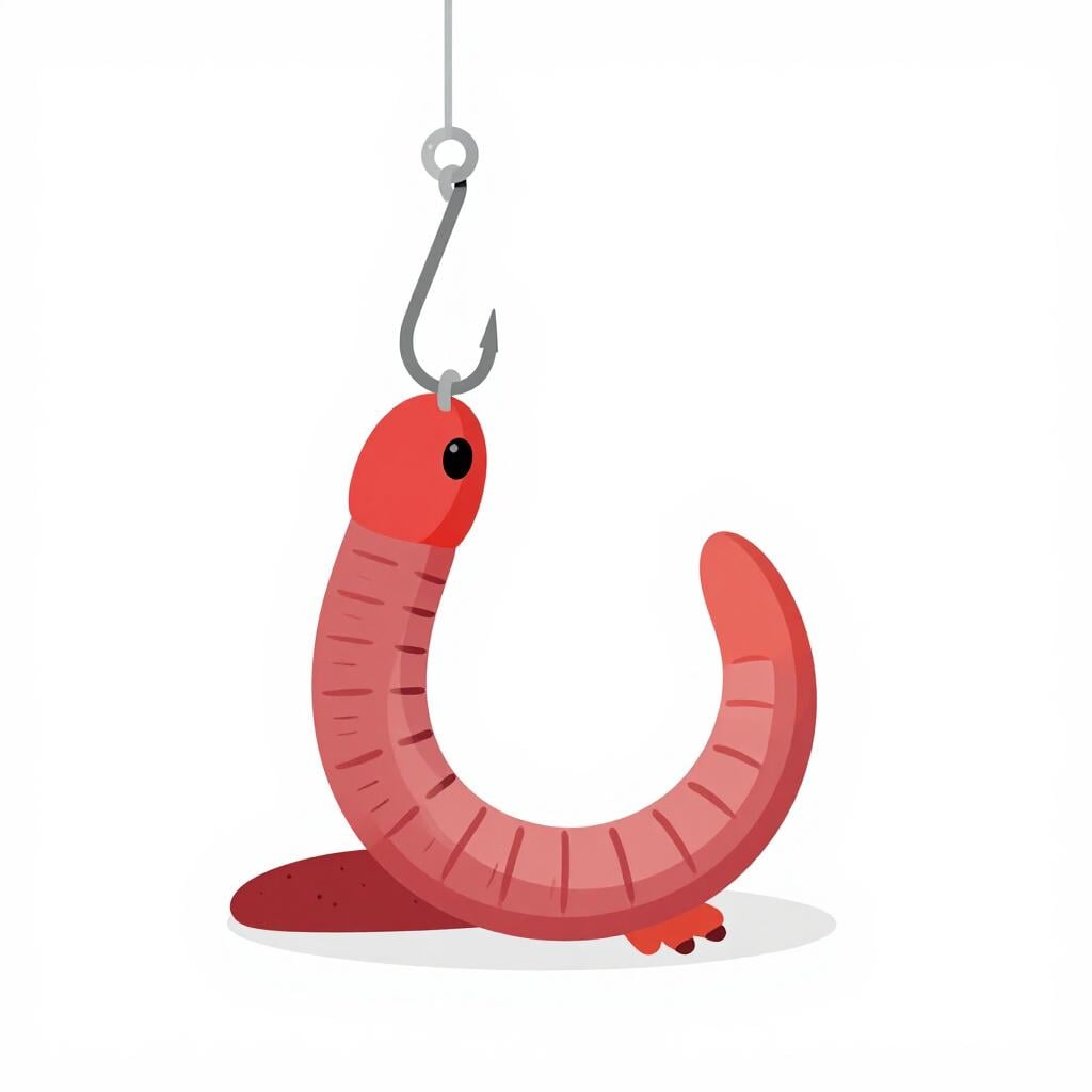 A small, bright red worm wiggling on the end of a metal hook.