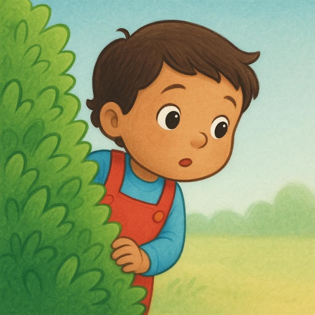 A small child with wide, interested eyes is gently peeking around a large, vibrant green bush, demonstrating the desire to know.