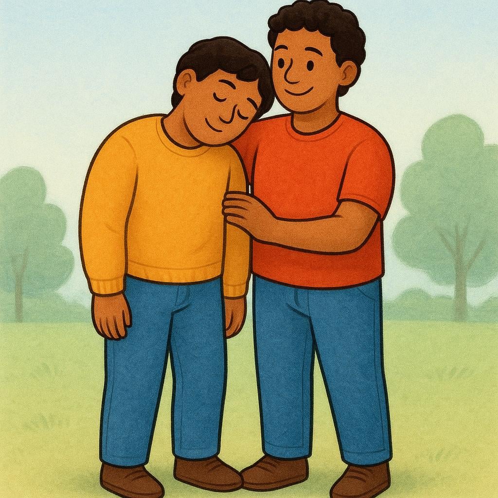 A scene showing two friends standing close together. One friend is leaning their full weight onto the other's shoulder, who is standing firmly and supporting them with a reassuring smile.
