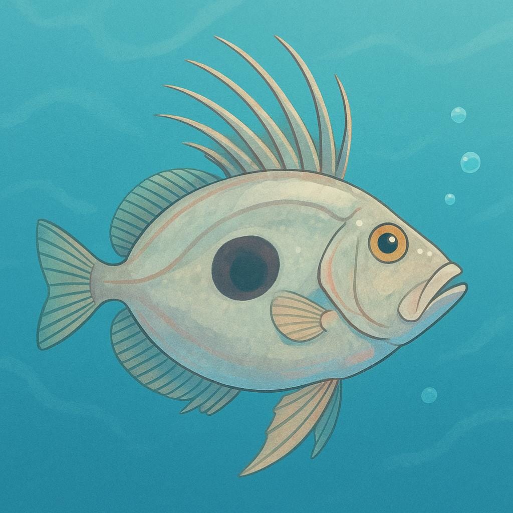 Un pesce gallo (John Dory) giallastro che nuota nel profondo oceano blu, identificabile dalla grande macchia scura e circolare vicino al suo centro.