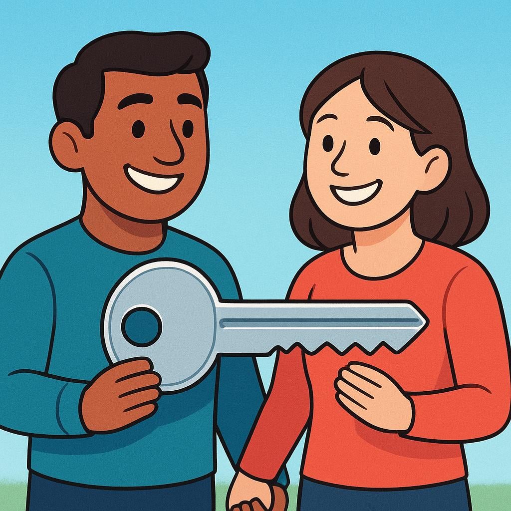 Two friendly cartoon characters happily holding a large, shiny key together, symbolizing future possession of a house.