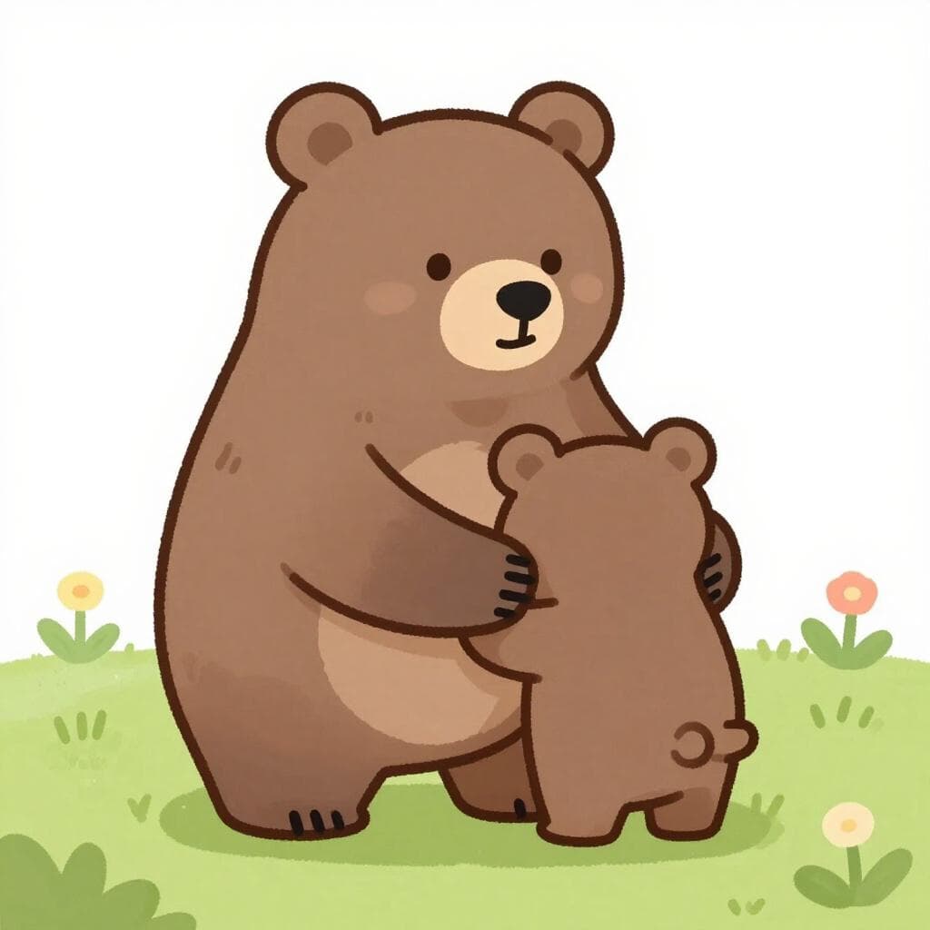 A mother bear gently hugging her small cub in a soft meadow.