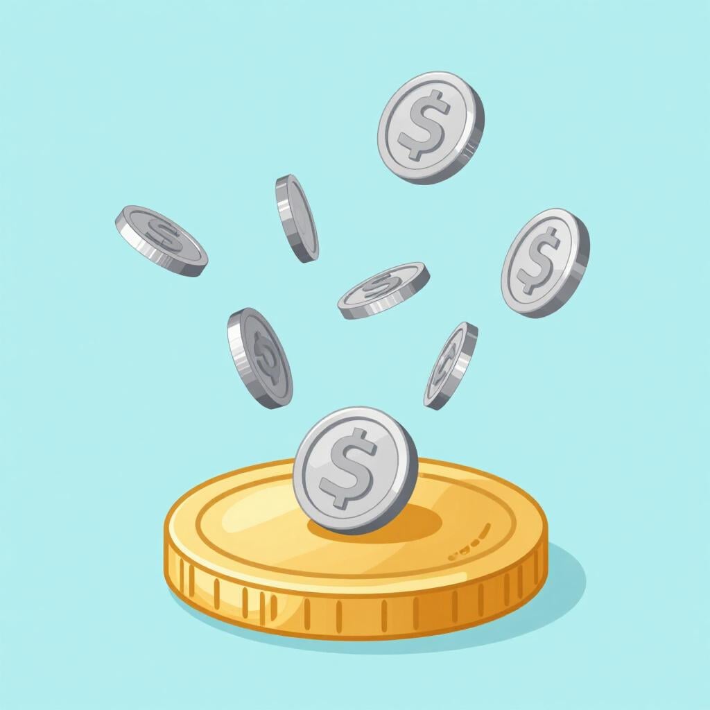 A single large golden coin being formed by several smaller silver coins flowing into it.