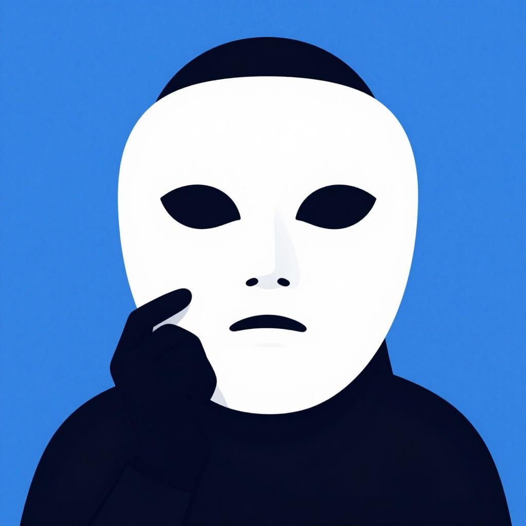 Een silhouet van een persoon achter een groot wit masker in een eenvoudige artistieke stijl.