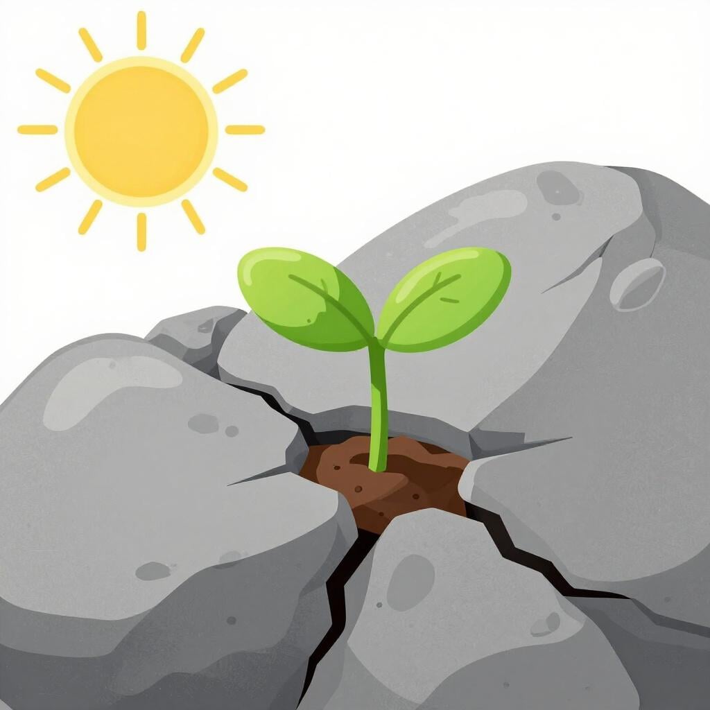 Uma pequena planta crescendo através de uma fenda numa superfície de pedra dura.