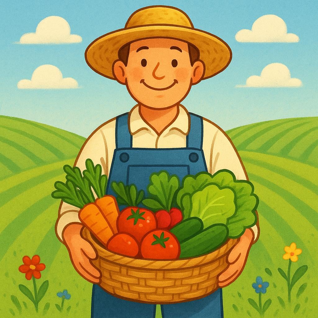 A storybook illustration of a happy farmer standing in a sunny field wearing a straw hat and blue overalls, holding a basket overflowing with fresh vegetables.