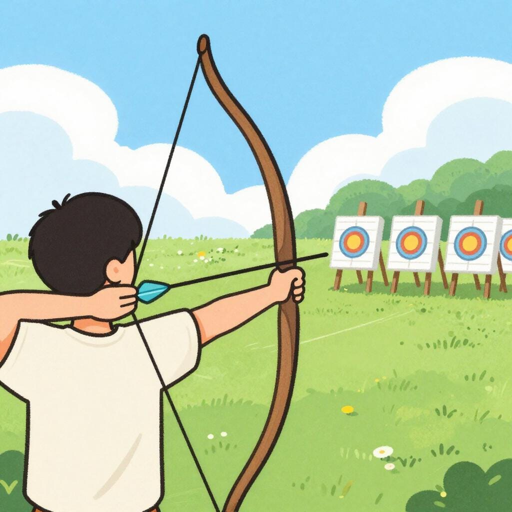 활과 화살을 사용하여 멀리 있는 과녁을 향해 쏘는 궁수의 모습을 보여주는 동화책 삽화.