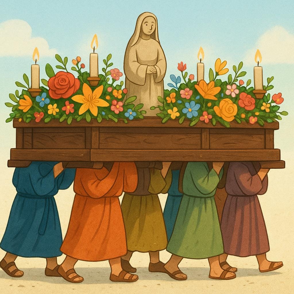 A large, heavy wooden processional float decorated with ornate carvings and candles. The bottom edge shows the feet of the people carrying the platform.