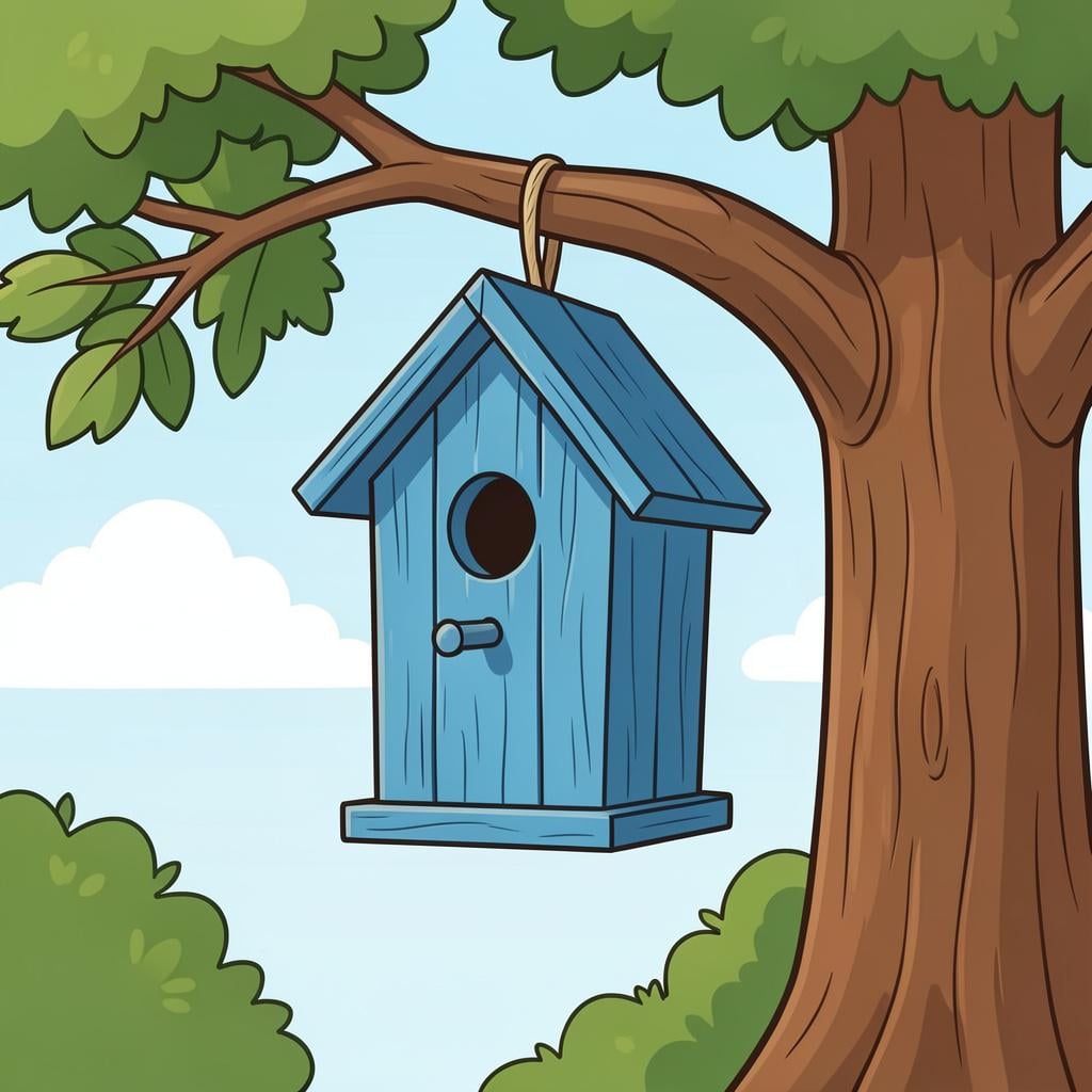 A completed birdhouse hanging securely from a branch.