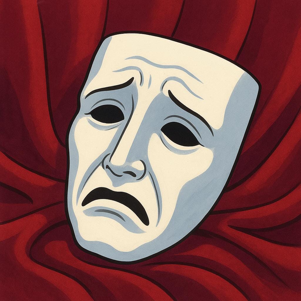 Uma ilustração simples de uma máscara trágica teatral clássica branca (rosto carrancudo) repousando sobre um pano de veludo vermelho escuro.