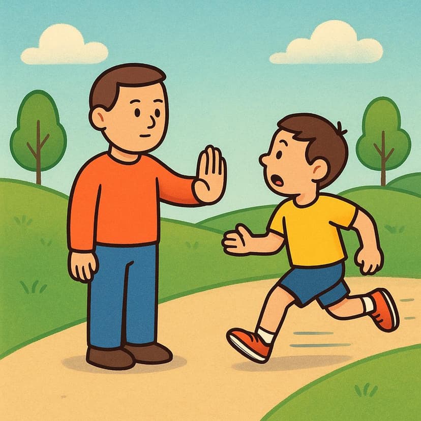 Uproszczona ilustracja przedstawiająca dwie osoby biegnące na zewnątrz. Osoba z przodu zatrzymała się gwałtownie i unosi rękę z otwartą dłonią skierowaną w stronę drugiego biegacza, sygnalizując mu zatrzymanie.