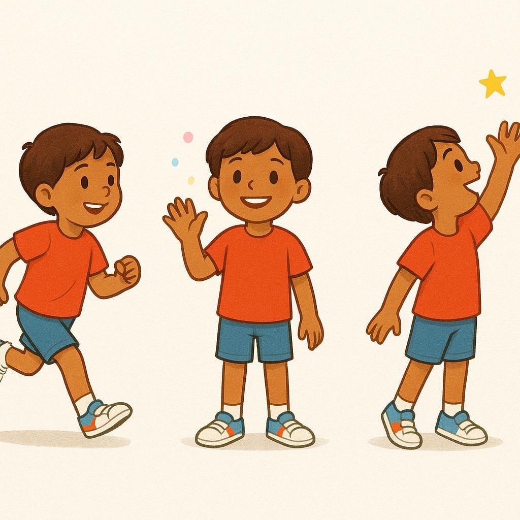 A simple storybook illustration of a cheerful character performing three distinct physical actions: running, waving, and reaching up.