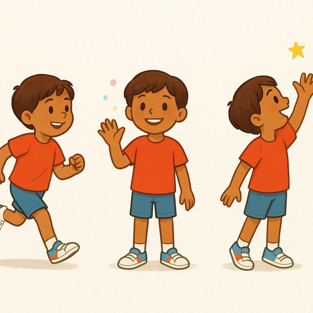 A simple storybook illustration of a cheerful character performing three distinct physical actions: running, waving, and reaching up.